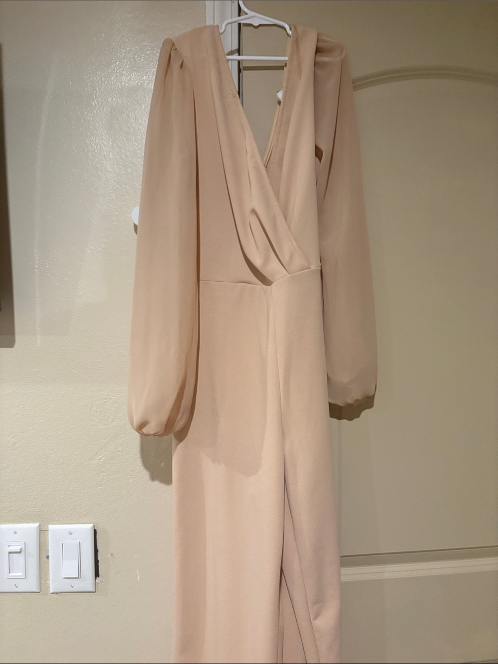 Elegant Long Sleeve Wrap Jumpsuit in Nude